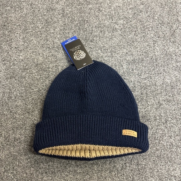 NWT Vince Camuto Navy Blue  / khaki Warm Cozy Reversible Beanie Hat - Picture 1 of 5